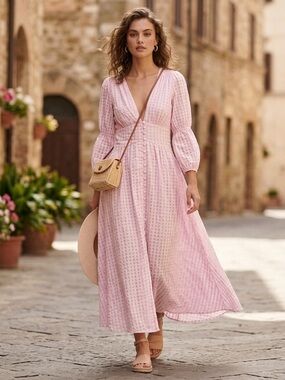 Esther & Co Pink Gingham Print Midi Maxi Deep Neck Dress Beachy Barbie Women’s S